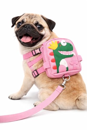 Mochila Peitoral para Cachorro com Guia – Dinossauro 3D Fofo – Ajustável, Leve e Confortável – Com Argola Reforçada – Ideal para Cães Pequenos