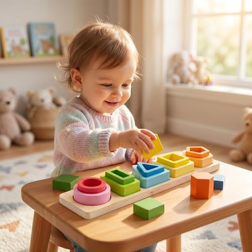 Image of 5 in 1 Wooden Shape Sorter Toys for Kids - Sorting & Stacking Peg Board, Montessori Learning Set Helps Improve Fine Motor Skills & Early Education | Toddlers Age 1-3 Years | Multicolor