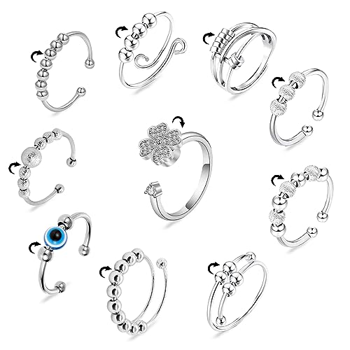 Anti Stress Ring 10Pcs Spinning Ring Damen Set, Anxiety Ring Verstellbar...