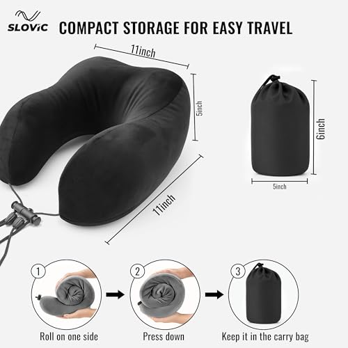 Image of SLOVIC Neck Pillow for Travelling | Premium Memory Foam Pillow for Flight, Car, Bus, Train | 360 Neck Support with Soft Fabric | Travel Accessories | Includes Carrying Bag