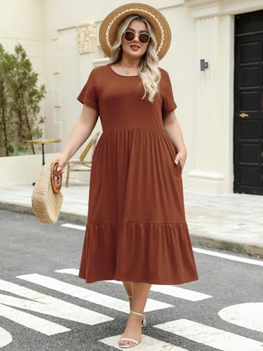 Women's Plus Size Midi Casual Dress with Pockets 1X-4X Tiered Short Sleeve Relax Fit Crewneck Summer Dresses4