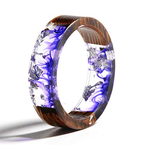 Unique Handmade Wood Plastic Resin Band Ring with Silver Foil Inside Ocean Blue Crystal Ring Best Gift for Her