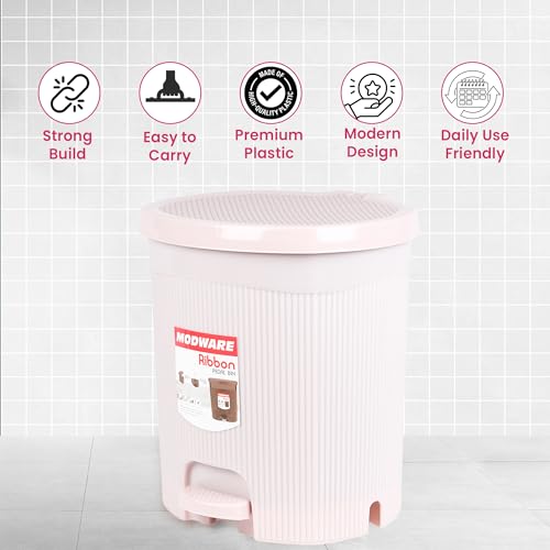 Image of MODWARE Premium Plastic Pedal Dustbin with Removable Bucket, PP Polypropylene, Hands-Free, Grey, for Kitchen, Office, College (Pink)