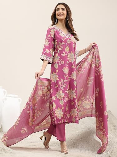 Image of Libas Printed Silk Blend Straight Kurta With Trouser and Dupatta