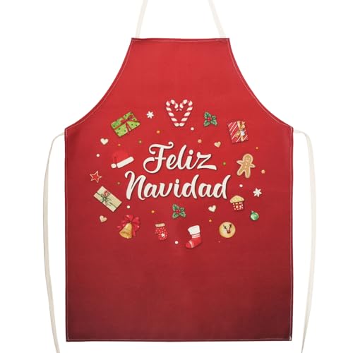 GEBETTER 1Pc Delantal Navidad en Español Feliz Navidad Rojo 78x55 cm Lino, Delantal Navideño Cocina Hogar Taller Regalo Mujer Hombre Madre Padre Abuela Abuelo Amigos Familiares Fiesta