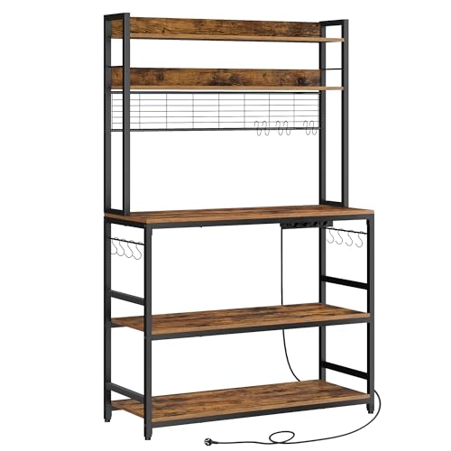 VASAGLE Étagère de Cuisine avec Multiprise, Support pour Micro-Ondes, Étagère de Rangement, avec Panneau Grillagé, 14 Crochets, 40 x 100 x 170 cm, Marron Rustique et Noir KKS038B01EU