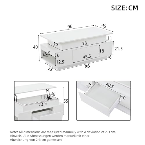 Merax Höhenverstellbarer CouchtischHochglanz Wohnzimmertisch mit LED Beleuchtung, Lift-Top Kaffeetisch mit Schublade,Ablagefächern, Sofatisch für Wohnzimmer,96 x 45 x 40 cm, Weiß – Bild 3