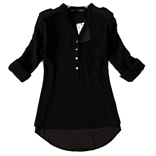 QIYUN.Z Les Femmes De Couleur Unie Chemise Chemisier En Mousseline De Soie Lache Manches Longues Col V Boutons Sommets, Noir, M