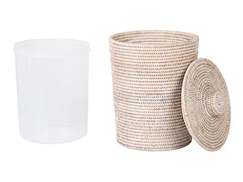 Kouboo La Jolla Rattan Round Plastic Insert & Lid, Large, White-Wash For Bedroom, Living Room And Bathroom Basket For Dry Or Organic Waste #TOP3