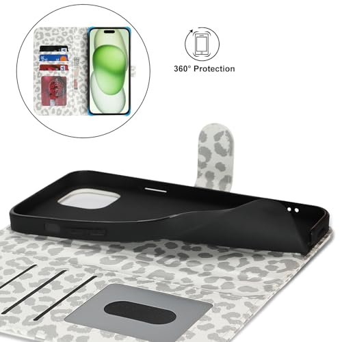 Image of for iPhone 15 Plus Case Wallet with Card Holder,for iPhone 14 Plus Wallet Case for Women Men,PU Leather Shockproof Magnetic Buckle Stand Flip Phone Case-White Leopard
