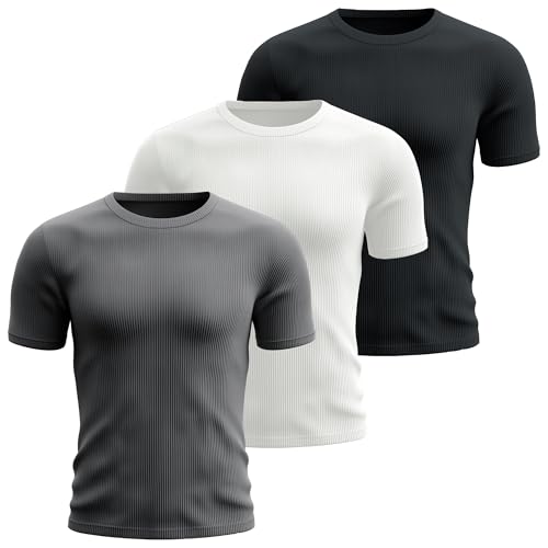 Huukeay 3 Pack Men's T-Shirts Crewneck Short Sleeve Shirts Ribbed Knit Tees Dressy Casual Tops2