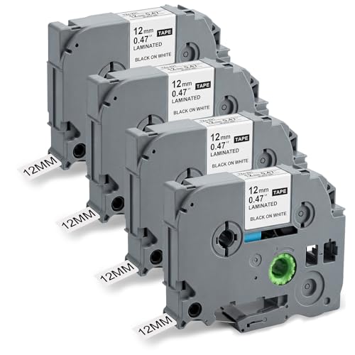 4 Rollen Etikettenband TZe-231 Kompatibel mit Brother P-Touch 12mm Schriftband Selbstklebend für Etikettendrucker PT-H100LB/H105/H107B/D210/E110/D400/D600VP/1000/1010/1280 Schwarz auf Weiß