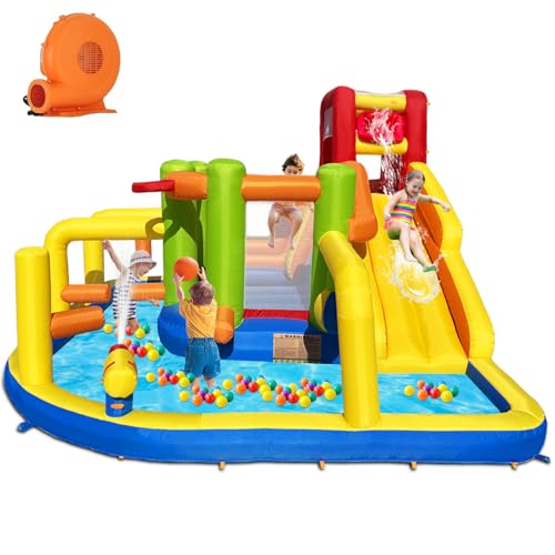 Umbalir Inflatable Obstacle Bounce House, Kids Bounce House Water Park with Water Slides, Surprise Dump Bucket, Obstacles,Jumping, Tunnels, Climbing,Water Cannon, and Ball Shooting Frame