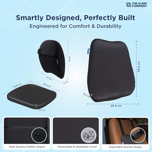 Image of The Sleep Company Ortho Car Comfort Combo Seat Cushion + Back Cushion + Neck Pillow for Car & Driving | Full Body Support for Neck, Back & Hips | Smartgrid Cushions for Pain Relief & Posture,Black