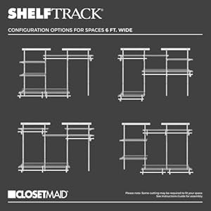 ClosetMaid ShelfTrack Wire Closet Organizer System, Adjustable from 4 to 6 Ft., With Shelves, Clothes Rods, Hardware, Durable Steel, White ClosetMaid ShelfTrack Wire Closet Organizer System Adjustable from 4 to 6 Ft With Shelves Clothes Rods Hardware Durable Steel White