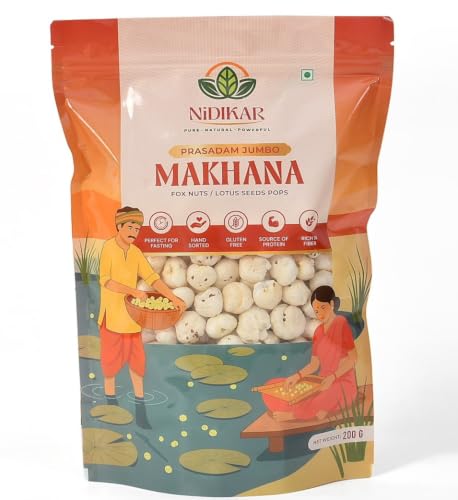 Image of Nidikar Prasadam Jumbo Makhana | Large Size Fox Nuts | Lotus Seed Snack Ingredient | Roasting Cooking and Festive Preparation | 200g