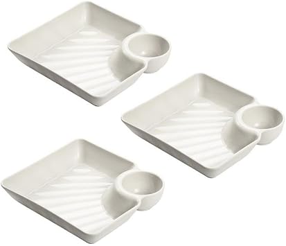 3 x Snack Plate for Dip Appetizers Snacks Veggies Chips, Food Serving Plate with Sauce Compartment Serving Tray Set for Party Festival - White