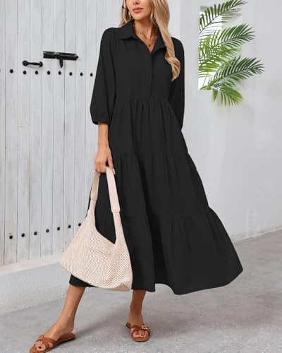 Image of Women Button Down Maxi Shirt Dress Long Sleeve Flowy Tiered Collared Dresses with Pockets
