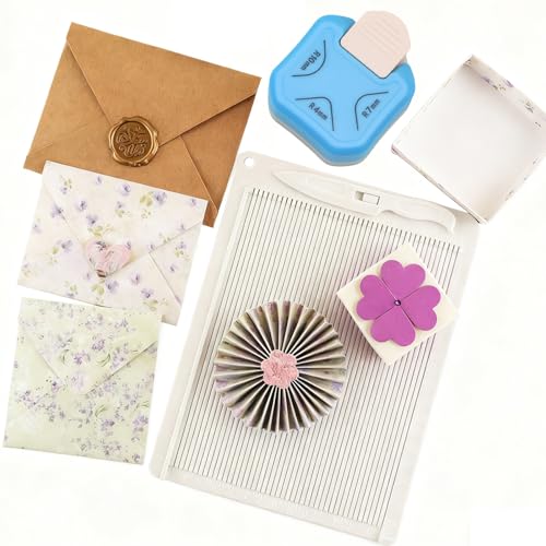 CYFUN Design 2 Pcs/Sets Mini Score Board & Corner Punch for Paper Craft 6.4x8.5inch Multi-Purpose Scoring Board with Bone Folder for Crafting Make Envelopes Box Cards Precision Photos and More