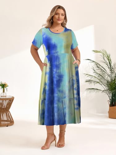 Image of LARACE Plus Size Dresses for Women Summer Casual Short Sleeve Long Dress Flowy Maxi Beach Dresses with Pockets L-6XL