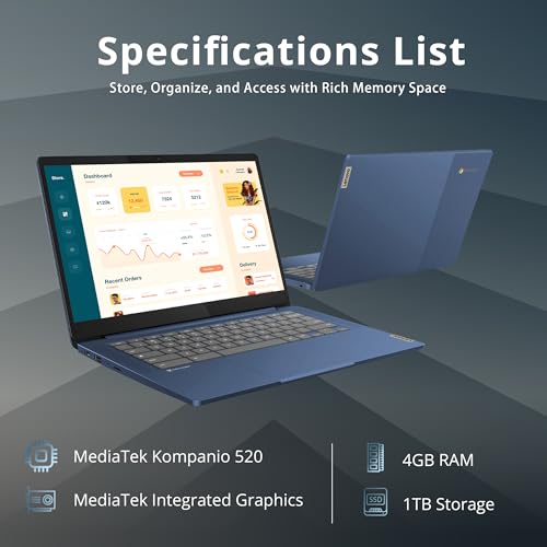Image of Lenovo IdeaPad Slim 3 Chromebook, 14 inch FHD Touchscreen, MediaTek Kompanio 520, 4GB LPDDR4X, 1TB Storage (64GB eMMC+1TB Docking Station Set), ARM Mali-G52 2EE MC2, HD Webcam, WiFi 6, Chrome OS, Blue