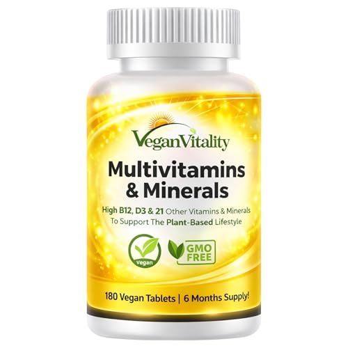 Vegan Vitality Multivitamins & Minerals with High Strength Vitamin B12 D3 & K2. 180 Multivitamin Tablets - 6 Months Supply. Multivitamin Tablets for Women and Mens Multivitamin. Suitable for Vegans