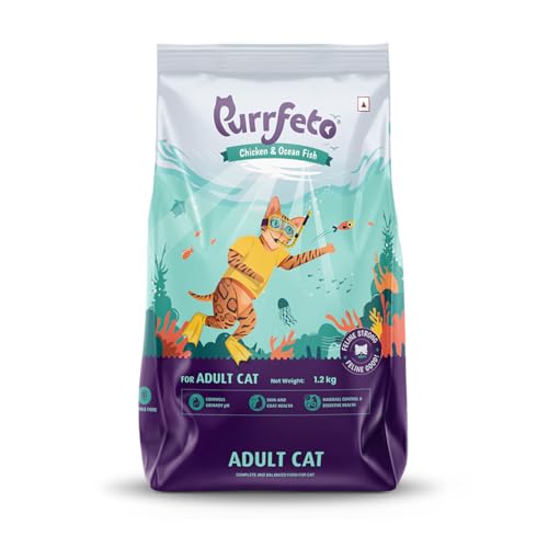 Purrfeto Adult Dry Cat Food | Chicken & Ocean Fish | 1.2 kg | 40% Reduction in Urinary Track Diseases |Anti Hairball Formula |Healthy Skin & Coat |Improves Digestive Health
