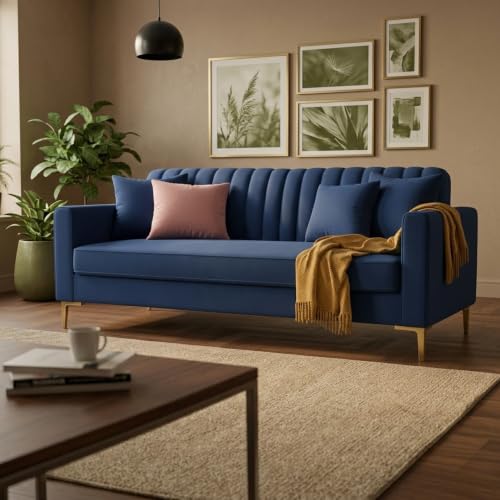 Image of Velum 3 Seater Sofa for Living Room & Office | Premium Fabric Upholstery | Solid Wood Frame | Comfortable Seating | 3 Years Warranty (Blue, 3 Seater Sofa)