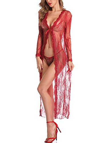 LALAVAVA Women Bride Robes Sexy Sheer Lingerie Lace Floral Kimono Long Bathrobe (65 Red, M) - Thumbnail 5