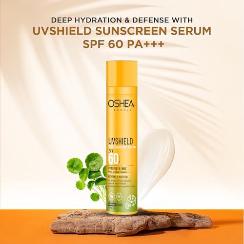 Image of Oshea Herbals UV Shield 7-in-1 Sunscreen Serum SPF 60 PA+++ | Broad Spectrum Sunscreen for Men & Women | Lightweight Face Serum with Skin Brightening & Hydration | 50ml