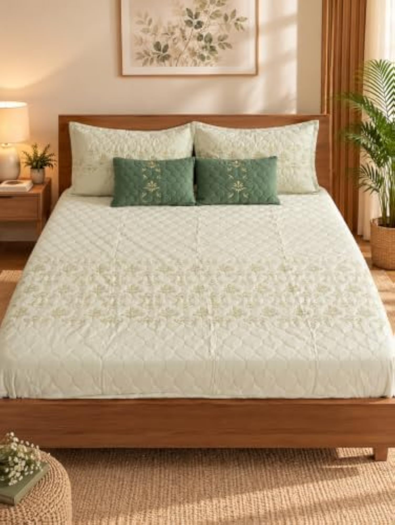 Premium Light Green Embroidered Bed Cover 5 Piece Set
