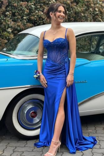 BOLENSYE Satin Corset Prom Dresses for Women 2025 Spaghetti Strap Mermaid Long Ruched Evening Party Gown with Slit4