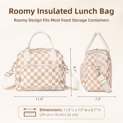 Image of LOVELYWIND Large Insulated Lunch Bag For Women, Brown White Lunch Box 12L | Large Shoulder Strap Lunch Tote With Insulated Lining; Stylish Look For Work, School, Picnic, And Organized Meals.