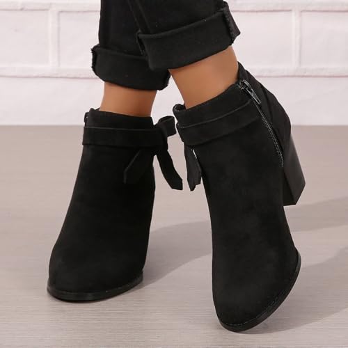 Women's Tie Knot Chelsea Pump Ankle Boots Closed Toe Stacked Heel Booties Shoes Faux Suede Side Zipper Western Booties High Heel Fall Winter Shoes4