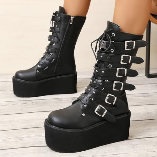 ZKXYFFS Womens High Platform Mid Calf Wedges Booties Chunky High Heel Round-Toe Side Zip Punk Combat Boots For Women Buckle Motorcycle Booties3