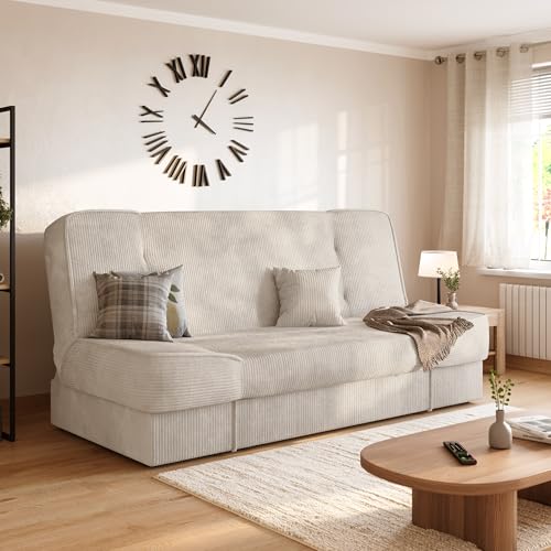 BROMARKT Schlafsofa mit Bettkasten Hellbeige 192x85x93 cm Couch mit Schlaffunktion 190x115 cm Sofa Bed Schlafcouch für Wohnzimmer Wohlandschaft Klappsofa mit 1 Kissen Cord TOLIA