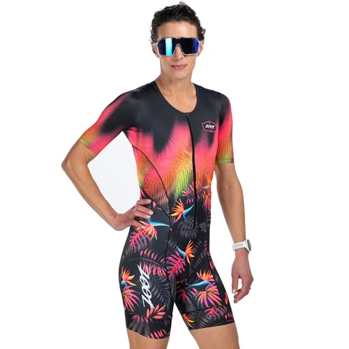 Zoot Women’s LTD Tri Aero Fz Racesuit, Short Sleeve Aerodynamic Cycle Race Swim Bike Run Tri Suit with Pockets UPF 50+ Fabric - Tropical Magic - X-Small