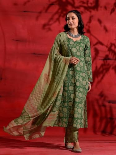 Nainvish Women's Green Printed Straight Rayon Sweetheart Neck Kurta Pant With Dupatta (Sd692_Kbd-Xxl)