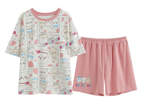 Cartoon Printed Pajamas Set Petite Women Girls Sleepwear Nightwear Short Sleeve Shirt and Shorts 2 Piece Lounge Sets