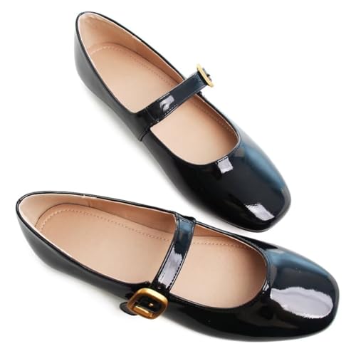 Image of TN TANGNEST Leather Flats for Women Retro Mary Jane Flats | Comfortable Square Toe Slip On Flats with Buckle Strap, Soft Work Flats Office Shoes