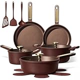 SET INCLUDES: 9.5" Fry Pan, 11" Fry Pan, 3Qt Saucepan with Lid, 3.5Qt sauté pan with lid,and 5Qt Stock Pot with Lid. 3*utensil , 5*pan protectors. 10X ULTRA NON-STICK：Heavy-duty cast aluminum delivers lasting durability without the weight,reinforced ...