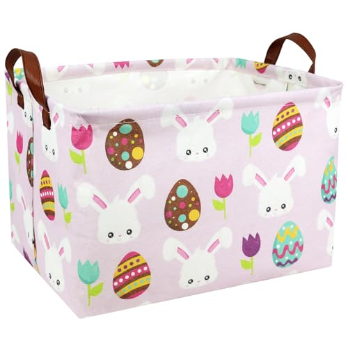Image of Large Empty Easter Basket for Kid Pink Fabric Personalized Bunny Eggs Easter Gift Basket for Boy and Girl (Rabbit Easter Egg Tulip)