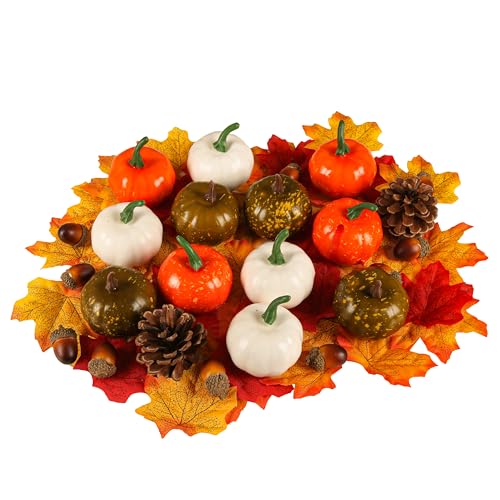 64 PCS Artificial Mini Fake Pumpkins for Decorating Foam Plastic Pumpkins Set Maple Leaves and Pinecones Acorns Orange White Pumpkin Fall Harvest Decorations Halloween and Thanksgiving Table Decor