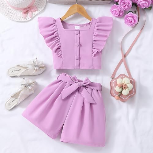 Image of Adorable 2PCS Ruffle Button-Down Sleeveless Top and High Waist Bow Knot Short Sets for Toddlers Kids