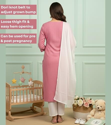 Image of DUMMY SHAPE Feeding Kurta Set for Women Cotton Blend | Floral Embroidered Pregnancy Kurta Pant Dupatta with Nursing Zippers | Pre & Post Partum | Maternity Dresses | Mom to Be Gifts
