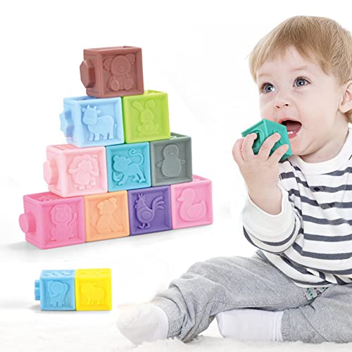 12 Pcs Baby Soft Stacking Building Blocks Toys,Safe Teething & Chewing & Squeezing Blocks Toys for Toddlers,Montessori Sensory Bath Toys with Numbers Shapes Animals Fruit Textures for Infant Age 6 M+