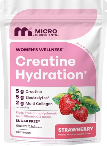 Micro Ingredients Creatine Hydration Powder for Women | 5g Creatine Monohydrate + Collagen + Electrolytes | with Probiotics Hyaluronic Acid & Biotin | Sugar-Free Strawberry Flavor 30 Servings