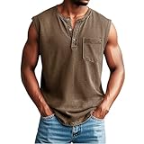 Mens Distressed Henley Shirts Sleeveless Button Down Workout Muscle Tank Tops Relaxed Fit Casual Vintage Gym T-Shirts Khaki