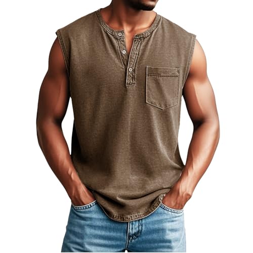 Mens Distressed Henley Shirts Sleeveless Button Down Workout Muscle Tank Tops Relaxed Fit Casual Vintage Gym T-Shirts Khaki