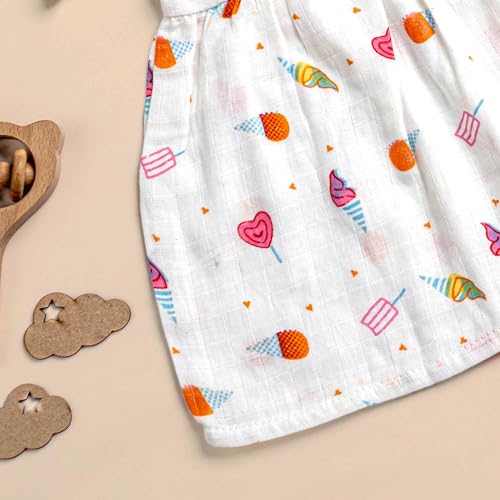 Image of Kidbea Cotton Baby Dress for Girls | Soft Sleeveless Summer Dress for Girl | Cute Printed Newborn Baby Muslin Frocks with Tie-Up Closure